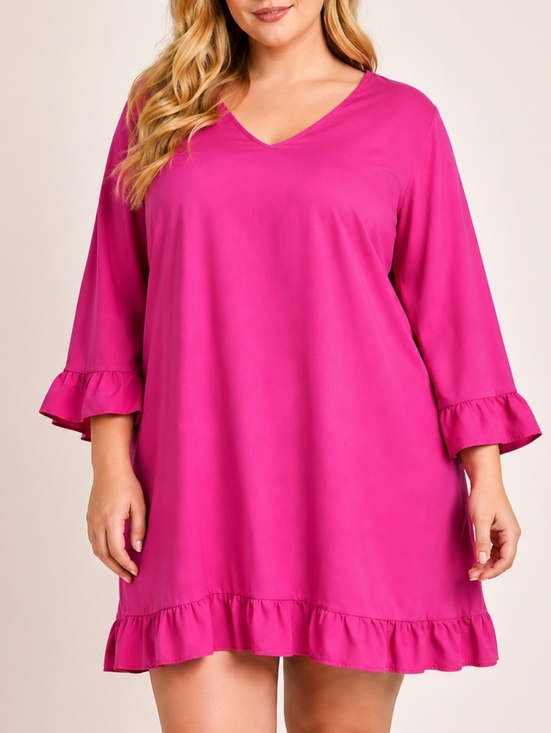 None Dresses & Skirts - Hot Pink Bell Sleeve Boho Ruffle  Hem Shift Dress V-Neck Mini Size2XL Barbiecore